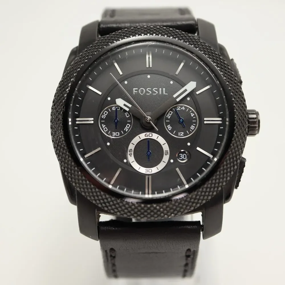 Fossil Machine Chronograph Mens Black 45mm Watch Leather FS4487 w New Battery